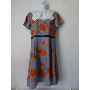 eShakti Floral Houndstooth Fit Flare Dress Bow White Blue Orange Size Fits M/L